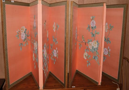 A pair of Chinese four fold screens, painted with peonies H.88cm
